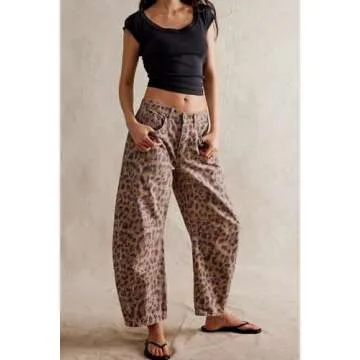 Womens Mid Rise Barrel Jeans Vintage Loose Wide Leg Jeans Cropped Denim Pants Y2k Baggy Boyfriend Jeans (Small,Leopard Khaki)