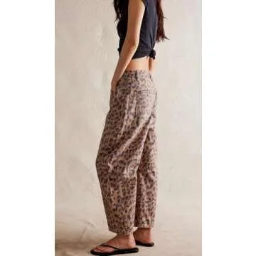 Womens Mid Rise Barrel Jeans Vintage Loose Wide Leg Jeans Cropped Denim Pants Y2k Baggy Boyfriend Jeans (Small,Leopard Khaki)