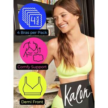 Kalon Women’s 4 Pack Demi Padded Bralette Wireless Comfortable Bra (M/L Busty, Neons)