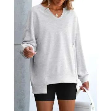 ANRABESS Womens Oversized Sweatshirt V Neck Long Sleeve Tunic Lightweight Pullover 2024 Winter Casual Tops Teen Girl Outfits Grey Medium