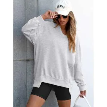 ANRABESS Womens Oversized Sweatshirt V Neck Long Sleeve Tunic Lightweight Pullover 2024 Winter Casual Tops Teen Girl Outfits Grey Medium