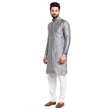 Sojanya (Since 1958, Men's Jacquard Silk Kurta & Churidaar Pyjama Grey
