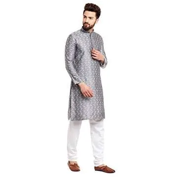 Sojanya (Since 1958, Men's Jacquard Silk Kurta & Churidaar Pyjama Grey