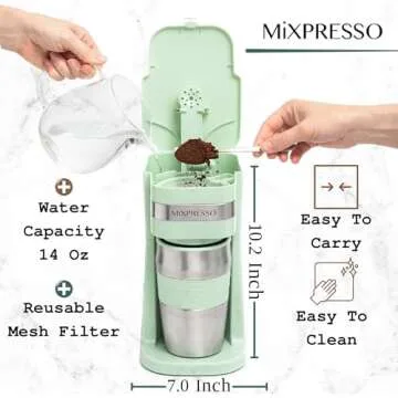 Mixpresso Personal Single Serve Coffee Maker & 14oz Travel Mug, Drip Coffee Brewer & Tumbler, Auto S...