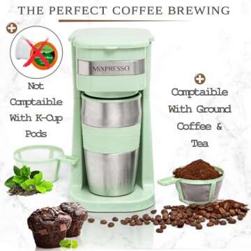 Mixpresso Personal Single Serve Coffee Maker & 14oz Travel Mug, Drip Coffee Brewer & Tumbler, Auto Shut Off & Reusable Filter, Green Coffee Maker Small, Compatible with Coffee Grounds