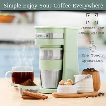 Mixpresso Personal Single Serve Coffee Maker & 14oz Travel Mug, Drip Coffee Brewer & Tumbler, Auto Shut Off & Reusable Filter, Green Coffee Maker Small, Compatible with Coffee Grounds