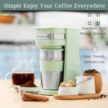 Mixpresso Personal Single Serve Coffee Maker & 14oz Travel Mug, Drip Coffee Brewer & Tumbler, Auto Shut Off & Reusable Filter, Green Coffee Maker Small, Compatible with Coffee Grounds