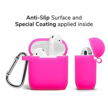 AirPods Case, GMYLE Silicone Protective Shockproof Case Cover Skins with Keychain Compatible with Apple AirPod 2 and 1 Charging Case, Rose Pink [Front LED Visible]