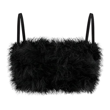 TYNORA Women's Faux Fur Crop Top Spaghetti Strap Tube Tops Strappy Cami for Concert Club Party(Black...