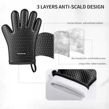 MAD SHARK Silicone Oven Mitts Heat Resistant 450 Degrees,Waterproof & Non-Slip Oven Gloves with Fingers,Cotton Lined Silicone Oven Gloves Kitchen Mitts for Baking Cooking Barbecue,Women,Oven(Black)