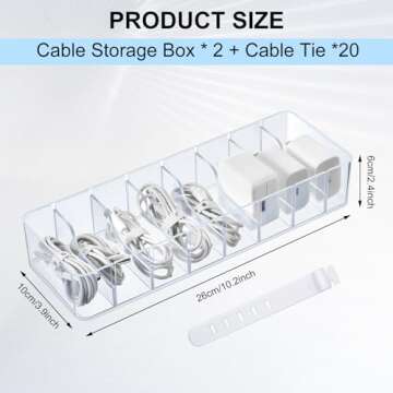 Tatuo 2 Pcs Cable Organizer Box with Wire Ties Cord Storage Charger Box Plastic Electronics Organize...