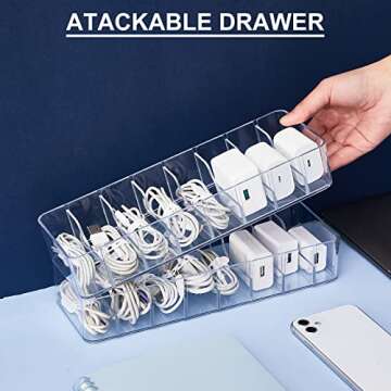 Tatuo 2 Pcs Cable Organizer Box with Wire Ties Cord Storage Charger Box Plastic Electronics Organizer with 8 Removable Divider Cable Storage for Office Home Desk Accessories (Clear)