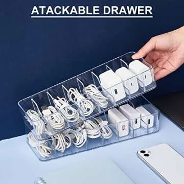 Tatuo 2 Pcs Cable Organizer Box with Wire Ties Cord Storage Charger Box Plastic Electronics Organizer with 8 Removable Divider Cable Storage for Office Home Desk Accessories (Clear)