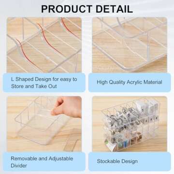 Tatuo 2 Pcs Cable Organizer Box with Wire Ties Cord Storage Charger Box Plastic Electronics Organizer with 8 Removable Divider Cable Storage for Office Home Desk Accessories (Clear)