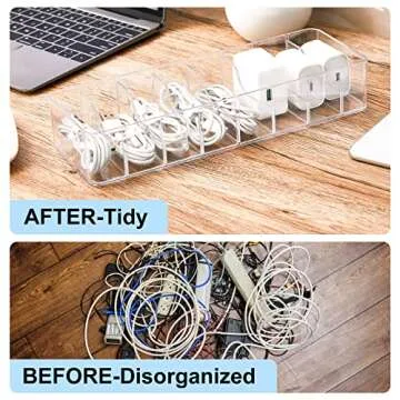 Tatuo 2 Pcs Cable Organizer Box with Wire Ties Cord Storage Charger Box Plastic Electronics Organizer with 8 Removable Divider Cable Storage for Office Home Desk Accessories (Clear)