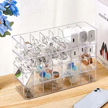 Tatuo 2 Pcs Cable Organizer Box with Wire Ties Cord Storage Charger Box Plastic Electronics Organizer with 8 Removable Divider Cable Storage for Office Home Desk Accessories (Clear)