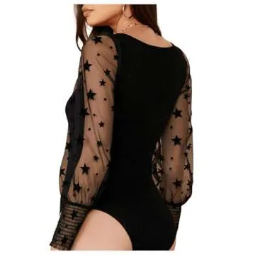 WDIRARA Women's Polka Dots Sheer Dobby Mesh Square Neck Long Sleeve Skinny Bodysuit Black Ink S