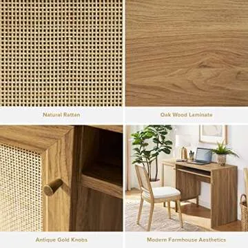 mopio Haylee Boho Farmhouse Writing Desk, with Natural Rattan Exterior Door, Ample Storage, Adjustable Shelves, for Study, Vanity, Makeup, & Work, in Bedroom, Home Office