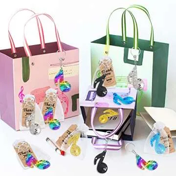 CiciBear 60 Pack Double-Deck Musical Note Sequin Keychain Set with 20 Keychains, 20 Thank You Tags and 20 Gift Bags for Karaoke Party, Tik Tok Birthday, Baby Shower, 50s 80s Theme Party, 5 Colors