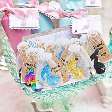 CiciBear 60 Pack Double-Deck Musical Note Sequin Keychain Set with 20 Keychains, 20 Thank You Tags and 20 Gift Bags for Karaoke Party, Tik Tok Birthday, Baby Shower, 50s 80s Theme Party, 5 Colors