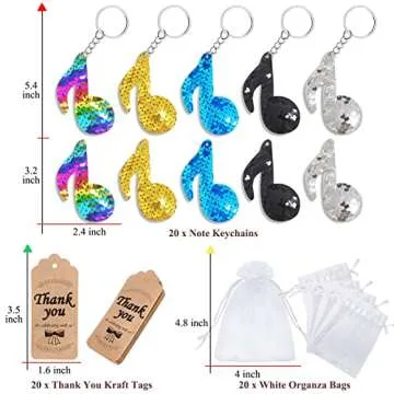 CiciBear 60 Pack Double-Deck Musical Note Sequin Keychain Set with 20 Keychains, 20 Thank You Tags and 20 Gift Bags for Karaoke Party, Tik Tok Birthday, Baby Shower, 50s 80s Theme Party, 5 Colors