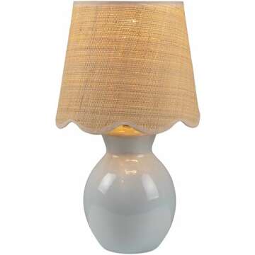 BoutiqueRugs Salgareda Boho Ceramic and Jute Bedside Table Lamp for Bedroom Nightstand - End Side Lighting for Living Room - Shade Rattan - Blue Gray, Beige - 15" H