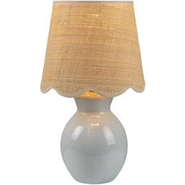 BoutiqueRugs Salgareda Boho Ceramic and Jute Bedside Table Lamp for Bedroom Nightstand - End Side Lighting for Living Room - Shade Rattan - Blue Gray, Beige - 15" H