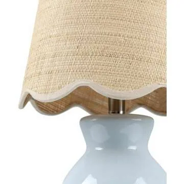 BoutiqueRugs Salgareda Boho Ceramic and Jute Bedside Table Lamp for Bedroom Nightstand - End Side Lighting for Living Room - Shade Rattan - Blue Gray, Beige - 15" H