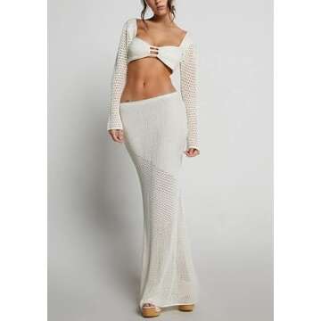 Women's Crochet Knit 2 Piece Skirt Sets Hollow Out Knitted Crop Top Side Slit Bodycon Long Skirt Set Beach Maxi Dresses(A Cutout White,Small)