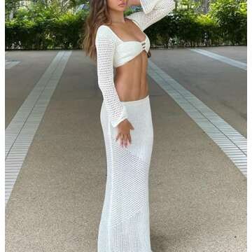 Women's Crochet Knit 2 Piece Skirt Sets Hollow Out Knitted Crop Top Side Slit Bodycon Long Skirt Set Beach Maxi Dresses(A Cutout White,Small)