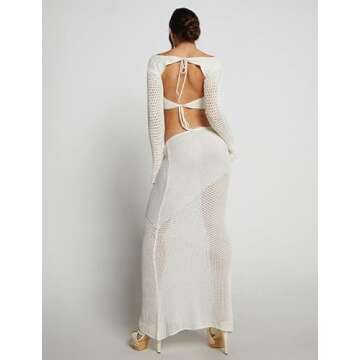 Women's Crochet Knit 2 Piece Skirt Sets Hollow Out Knitted Crop Top Side Slit Bodycon Long Skirt Set Beach Maxi Dresses(A Cutout White,Small)
