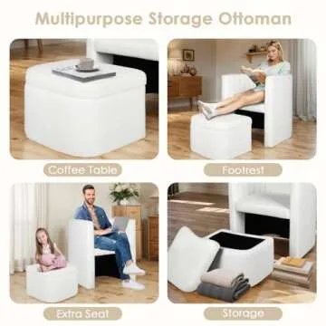 COEWSKE Reading Accent Chair with Storage Ottoman, Modern Living Room Armchair, Cream Boucle Upholst...