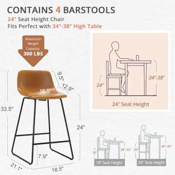 LUE BONA Bar Stools Set of 4, 24" ALX Faux Leather Barstools, Modern Counter Height Stools with Back...