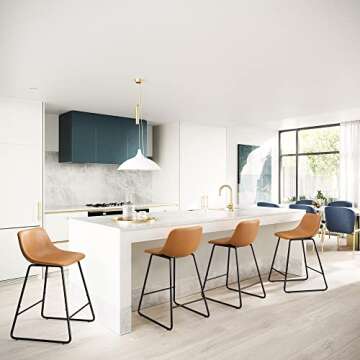 LUE BONA Bar Stools Set of 4, 24" ALX Faux Leather Barstools, Modern Counter Height Stools with Back and Metal Legs, Armless Counter Chairs for Kitchen Island, Whiskey Brown