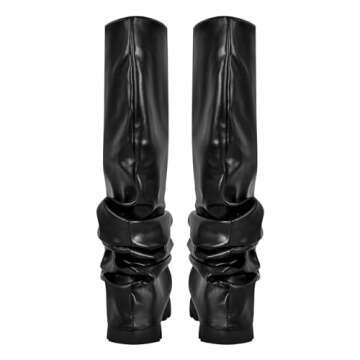 richealnini Metallic Knee High Boots Women Slouch Ruched Boots Platform Heel Stretch Pull On Foldover Mid Calf Boots Track Sole Block Chunky Heel Punk Motorcrycle Combat Riding Boots Black Size 6