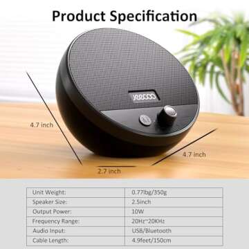 Jeecoo A10 USB Plug-N-Play Laptop Speakers Bluetooth Computer Speakers with Small & Portable, Easy-Access Volume Knob, Small Speaker for PC Desktop Monitor Mobile Devices(Single), Black