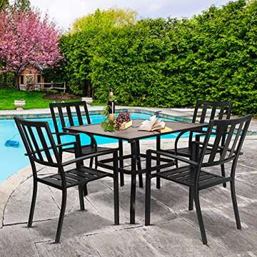 EMERIT Patio Wrought Metal Indoor Outdoor Stackable Dining Arm Chairs Set of 4,Black