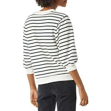 Amazon Essentials Women's French Terry Fleece Sleeve Detail Crewneck Sweatshirt, Black White Stripe,...