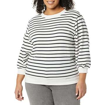 Amazon Essentials Women's French Terry Fleece Sleeve Detail Crewneck Sweatshirt, Black White Stripe, X-Small