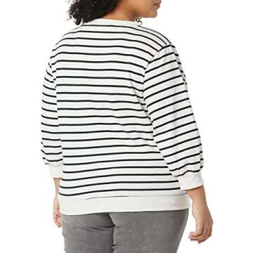 Amazon Essentials Women's French Terry Fleece Sleeve Detail Crewneck Sweatshirt, Black White Stripe, X-Small