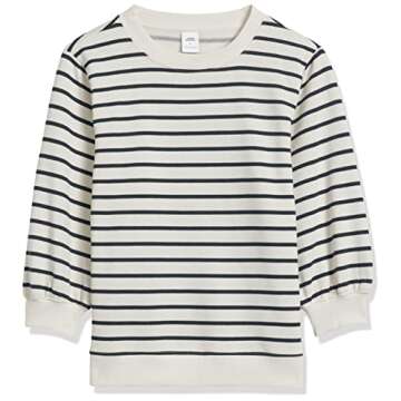 Amazon Essentials Women's French Terry Fleece Sleeve Detail Crewneck Sweatshirt, Black White Stripe, X-Small