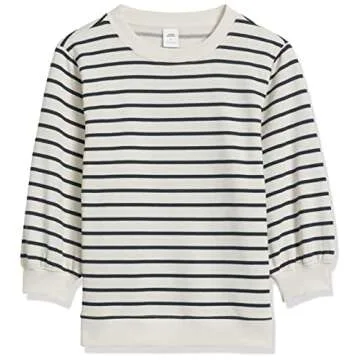 Amazon Essentials Women's French Terry Fleece Sleeve Detail Crewneck Sweatshirt, Black White Stripe, X-Small