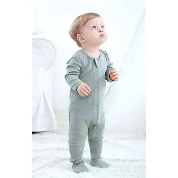 O2Baby Baby Boys Girls Organic Cotton Zip Front Sleeper Pajamas, Footed Sleep 'n Play（0-3 Months, Green）