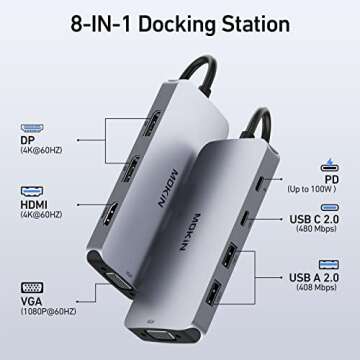 USB C Docking Station Dual DisplayPort, 8 in 1 Hub with 2 DP, HDMI, VGA, USB C 2.0, 2 USB A 2.0, PD ...