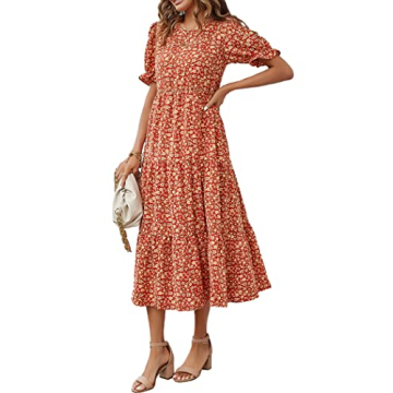 PRETTYGARDEN Women's Summer Casual Boho Dress Floral Print Ruffle Puff Short Sleeve Flowy Midi Beach...