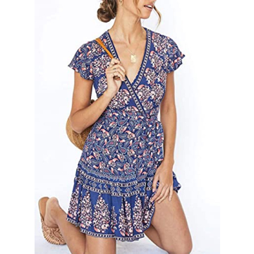 ZESICA Women's Summer Wrap Dress - Bohemian Floral Print