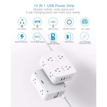 Surge Protector Power Strip 15 Ft Long Cord, Extension Cord 15 Feet with 8 Outlets 4 USB Ports(2 USB...