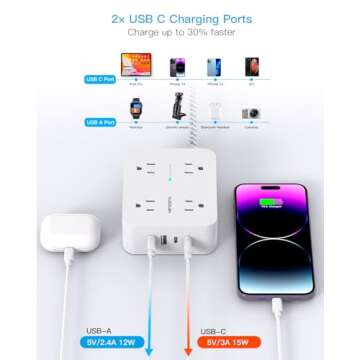 Surge Protector Power Strip 15 Ft Long Cord, Extension Cord 15 Feet with 8 Outlets 4 USB Ports(2 USB C), Flat Plug, Desk Charging Station for Home Office College Dorm Room Essentials