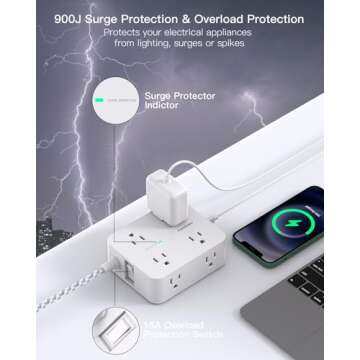 Surge Protector Power Strip 15 Ft Long Cord, Extension Cord 15 Feet with 8 Outlets 4 USB Ports(2 USB C), Flat Plug, Desk Charging Station for Home Office College Dorm Room Essentials
