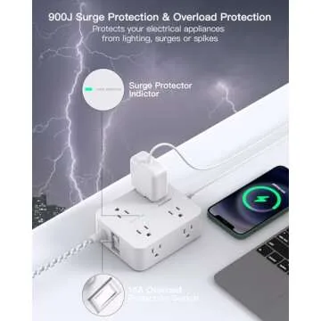 Surge Protector Power Strip 15 Ft Long Cord, Extension Cord 15 Feet with 8 Outlets 4 USB Ports(2 USB C), Flat Plug, Desk Charging Station for Home Office College Dorm Room Essentials